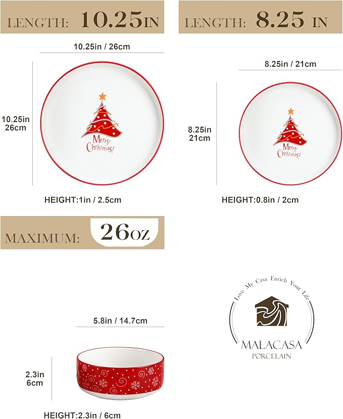 MALACASA Plates and Bowls Sets 12 Pieces Christmas Porcelain Dinnerware Set for 4 Ceramic Dishware Dishes Kitchen Dining Ware Set Microwave and Dishwasher Safe Series LUNA-Christmas Tree