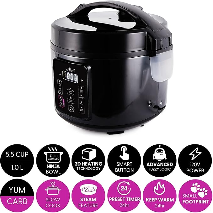 Yum Asia Kumo YumCarb Rice Cooker with Ceramic Bowl and Advanced Fuzzy Logic (5.5 Cups 1 Litre) 5 Rice Cooking Functions 3 Multicooker Functions 110V US Power (Dark Stainless Steel)