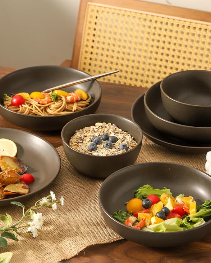 Dinnerware Sets Stoneware Plates and Bowls Sets Farmhouse 16 Piece Dish Set for 4 Ceramic Plates Set with Mugs for Kitchen Scratch Resistant Dishwasher &amp Microwave Safe Matte Black