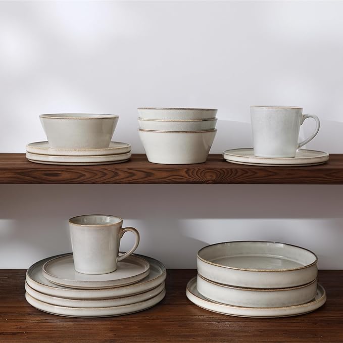Famiware Annecy Dinner Plates and Bowls Sets Stoneware Dinnerware Sets Dishes Set for 6 18 Pieces Handmade Dishware Set - Microwave &amp Dishwasher Safe Double Reactive Glaze Tableware Grey-Whit