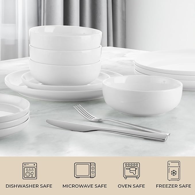 Zulay Kitchen Nova Porcelain Dinnerware Set Service For 6 - Chip &amp Scratch Resistant White Plates And Bowls Sets - Microwave &amp Dishwasher Safe - White