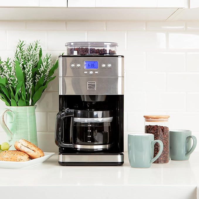 Kenmore Elite Grind and Brew Coffee Maker with Built‑In Burr Grinder Automatic Drip Machine 12‑Cup Programmable Brewer Bean‑to‑Cup Cafetera Stainless Steel Coffee Maker for Home &amp Office