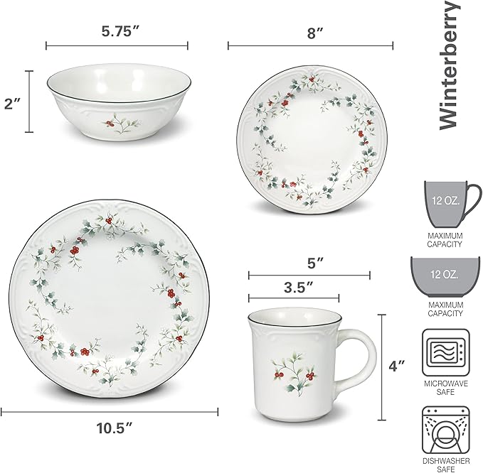 Pfaltzgraff 5072007 Winterberry Holiday 16 Piece Dinnerware Set Service for 4 White