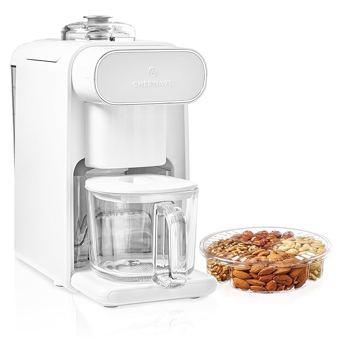 ChefWave Milkmade Soy Milk Maker (Silver/White) 6-in-1 Vegan Plant-Based Milk Machine with Auto Clean and Delay Start Almond Oat Soy Cashew Coconut Macadamia Milk Maker with Nut Platter
