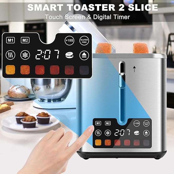 Touch Screen Toaster 2 Slice Bagel Toaster with LCD Display Stainless Steel Smart Digital Toasters with +15s BoostDual Memory FunctionsToasters with 6 Shade Settings &amp Extra-Wide Slots900W