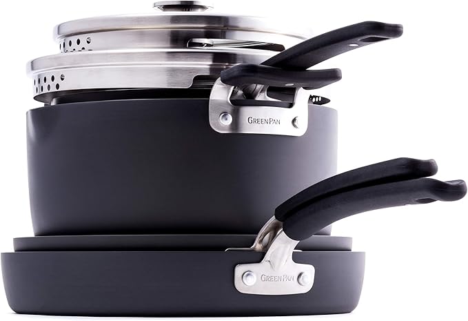 GreenPan Levels Stackable Hard Anodized Healthy Ceramic Nonstick 6 Piece Cookware Pots and Pans Set PFAS-Free Dishwasher Safe Black