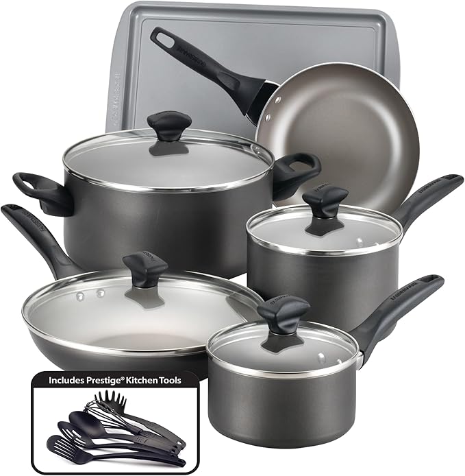 Farberware Dishwasher Safe Nonstick Cookware Pots and Pans Set 15 Piece Pewter