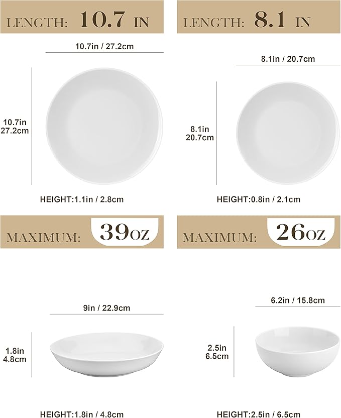 MALACASA 24-Piece Gourmet Porcelain Dinnerware Sets Modern White Round Dish Set for 6 - Premium Serving Plates and Bowls Sets for Dessert Salad Soup Pasta - Series AMELIA