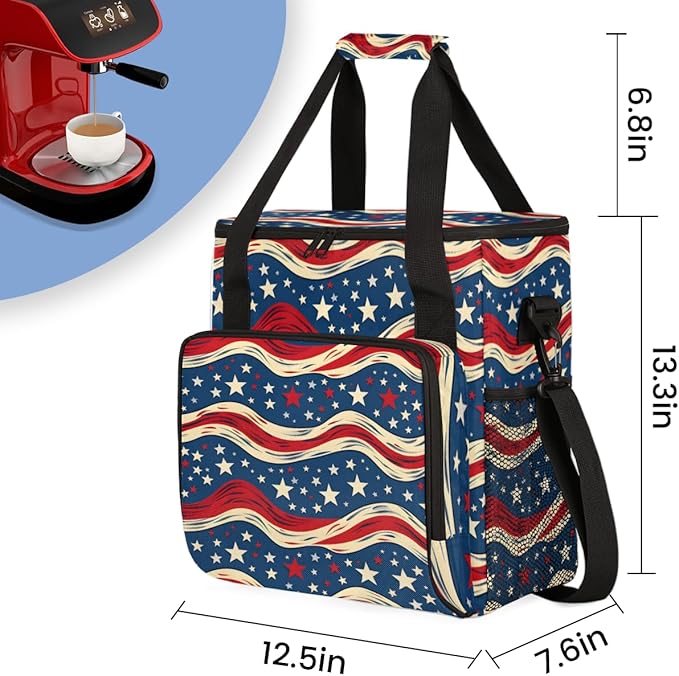 4th of JulyStripes Stars Coffee Maker Carrying Bag Travel Storage Bag Compatible with K-Mini or K-Mini Plus Single Serve Coffee Brewer Carrying Case with Multiple Pockets &amp Shoulder Strap