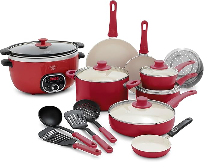 GreenLife Soft Grip 16 Piece Healthy Ceramic Nonstick Cookware Set Pots and Pans Set 6-Quart Slow Cooker PFAS &amp PFOA-Free Dishwasher Safe Oven Safe Versatile Kitchen Essentials Red