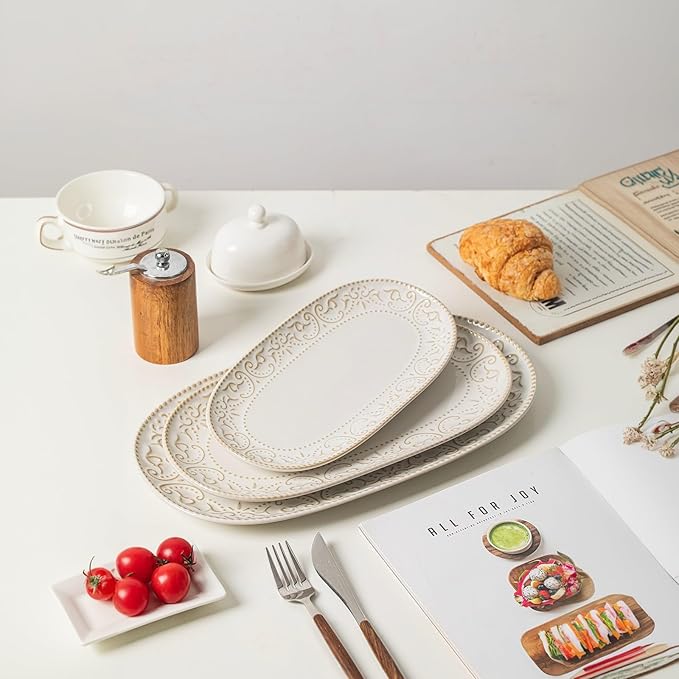 Serving Platters Set 14/12/10 Oval Ceramic Serving Plates Embossed Serving Trays for Party Oven Dishwasher Safe Vintage White Serving Dishes for Entertaining Appetizers Pasta Sushi