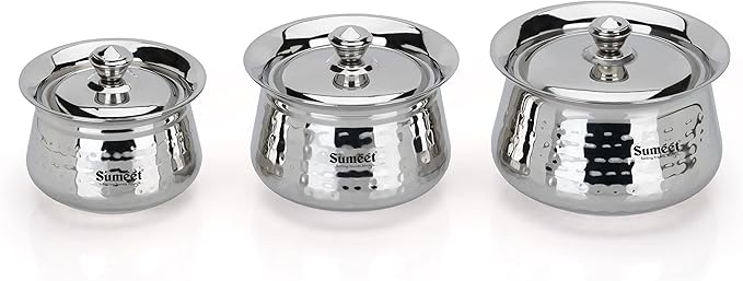 Sumeet Stainless Steel Handcrafted Hammered Texture Handi Set with Lid for Kitchen Set of 3 460ml 650ml &amp 950ml Silver