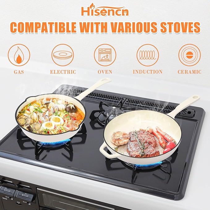 Hisencn Enameled Cast Iron Skillet Set - 3-Piece Fry Pans (89.511) PFAS/PTFE/PFOA-Free Oven &amp Induction Safe Cream White Cookware for Gas Electric Ceramic Stovetops