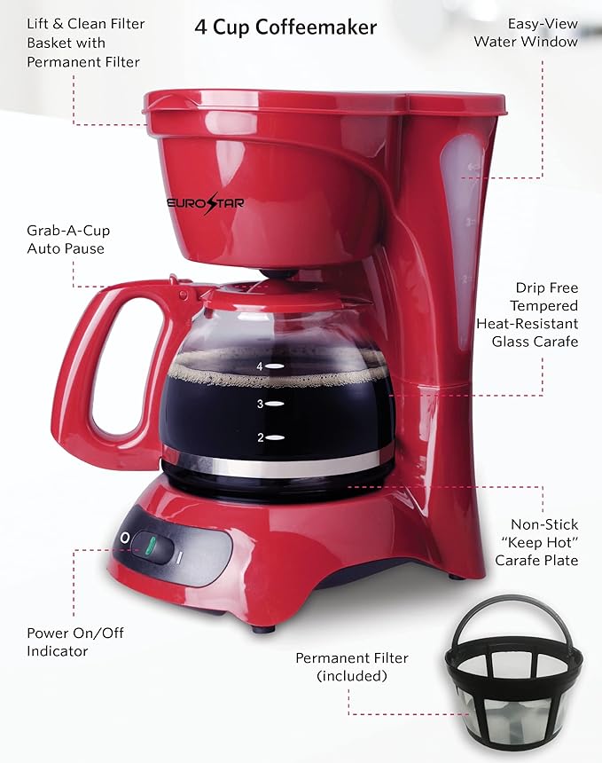 EUROSTAR ECM621R 4-Cup Coffeemaker Red
