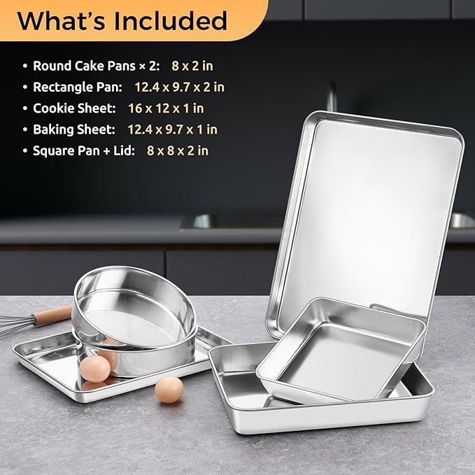 E-far 10-Piece Stainless Steel Cookware Set and Stainless Steel Baking Pan Set Bundle Induction Pots and Pans Set with Tri-Ply Base 6-Piece Metal Bakeware Sets Include Cookie Sheet Dishwasher Safe