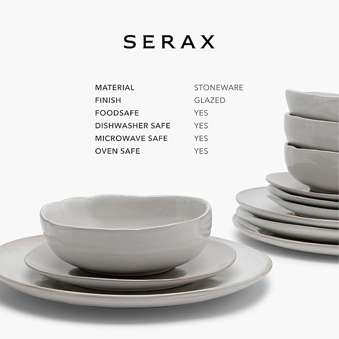 Serax 12-Piece Dinnerware Set for 4 | La Mère tableware by Marie Michielssen | 4 white Dinner Plates 4 Small Plates 4 Bowls | Stoneware Home Kitchen Essentials Sets | Dishware and Dishes
