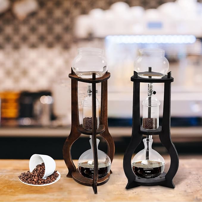 Iced Coffee Cold Brew Drip Tower Coffee Maker Wooden Ice Coffee Machine Stainless Steel and Borosilicate Glass Long Neck Sharing Pot with Measuring Spoon (Grey)