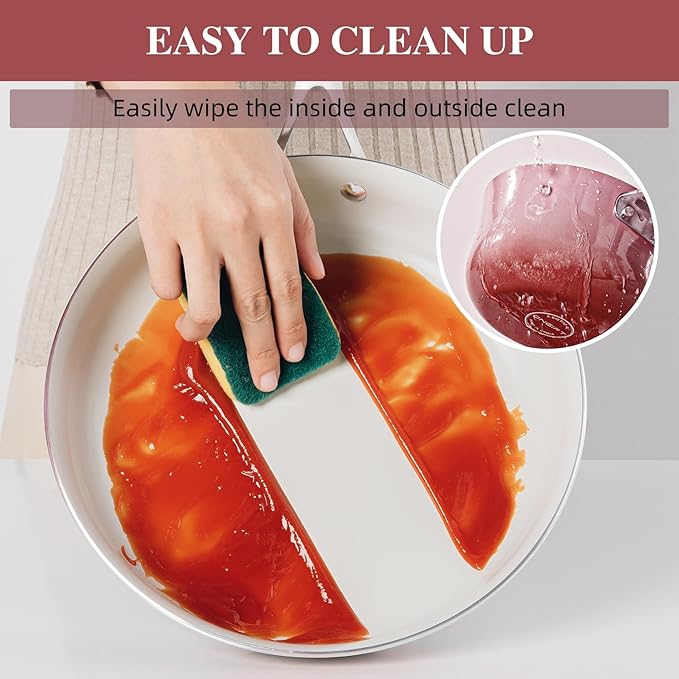 Kitchen Pots and Pans Set Non Stick 11 Pcs Ceramic Cookware Set with Stay-Cool Handle Pot and Pan Set NonToxic PFOA/PFAS Free Dishwasher/Oven Safe Evenly Heats Enamel Exterior - Coral Red