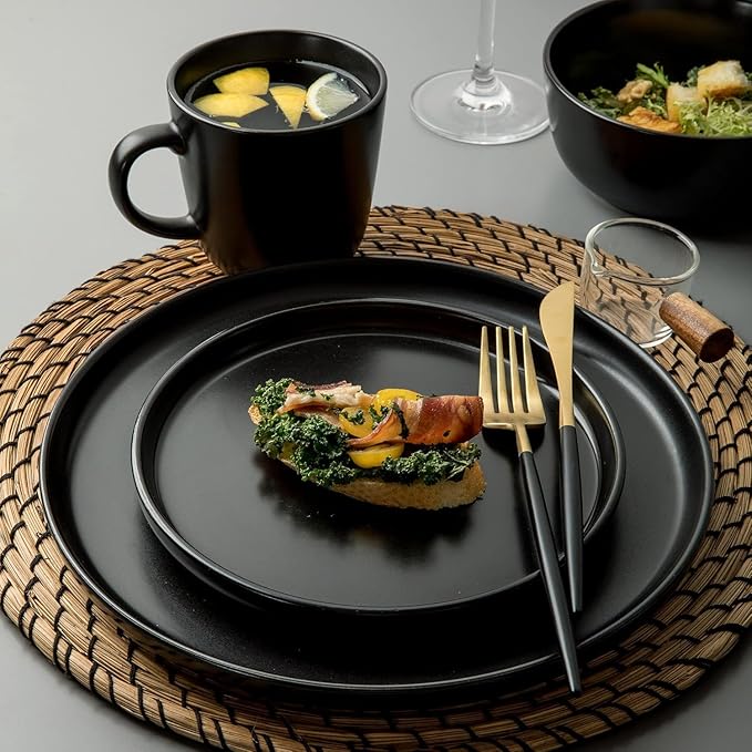 SKUGGA Round Stoneware 16pc Double Bowl Dinnerware Set for 4 Dinner Plates Side Plates Cereal Bowls Pasta Bowls - Matte Black (467586)