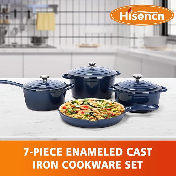 Hisencn Enameled Cast Iron Cookware Set - 7 Piece Dutch Ovens Set Sauce Pan Skillet 3 Lids Pots and Pans Set Ceramic Coated Cast Iron Heavy Duty Gas/Induction Compatible PFA Free
