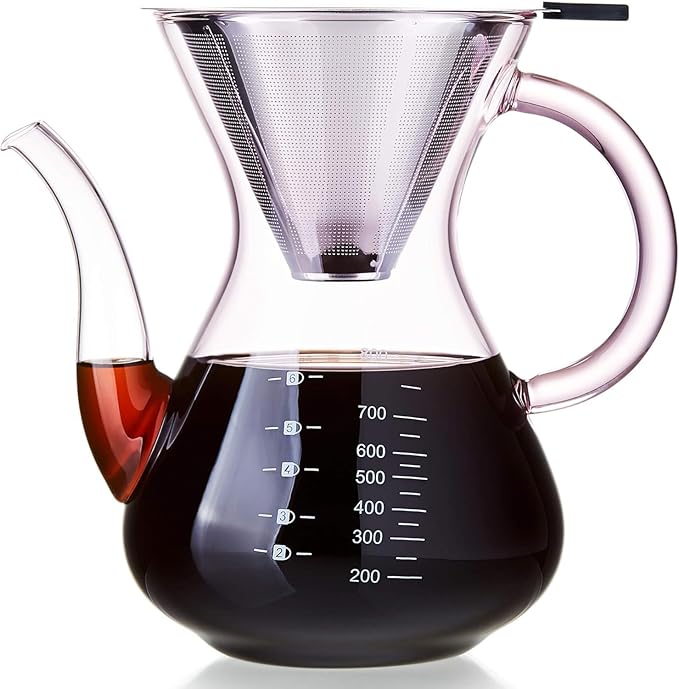 Unbreakable - Pour Over Coffee Maker with Double Stainless Filter 27 fl oz Thickened Heat-Resistant Borosilicate Glass Pour Over Coffee Dripper Stovetop Safe