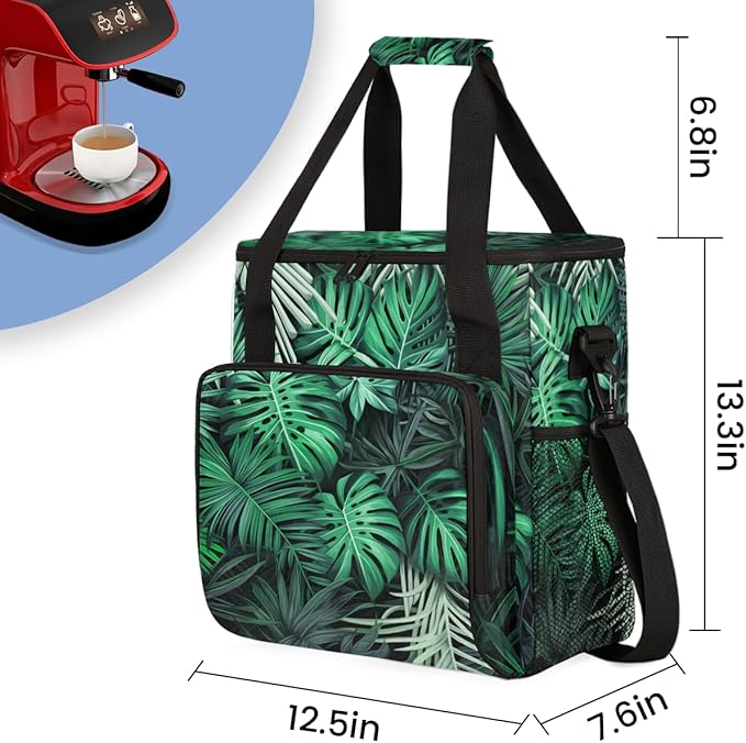 Tropical Foliage Coffee Maker Carrying Bag Portable Travel Storage Tote Bag Compatible with K-Mini or K-Mini Plus Single Serve Coffee Brewer Carrying Case with Multiple Pockets &amp Shoulder Strap