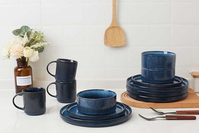 Famiware Dinnerware Set for 4 (12 Piece) and 10 Dinner Plates for 6 - Nebulas Blue