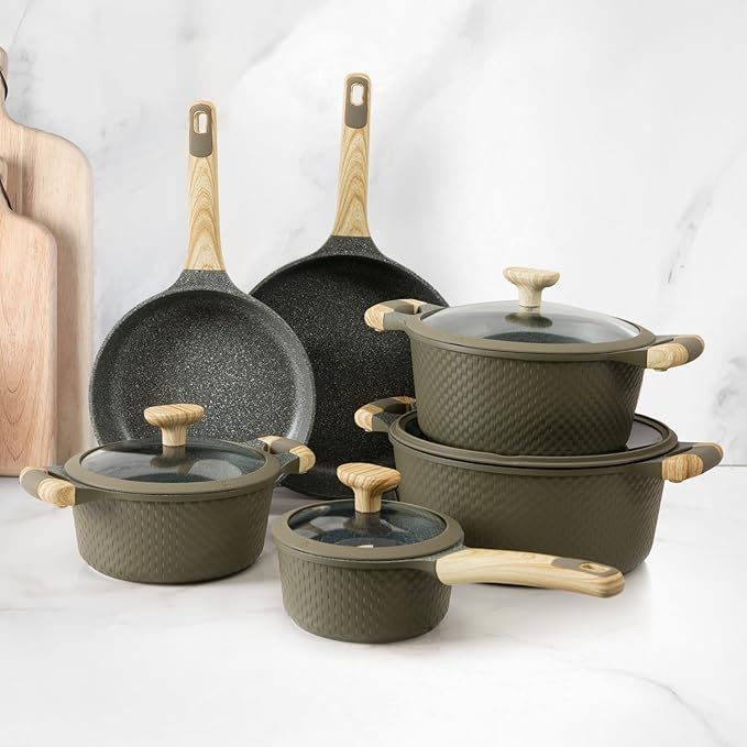 Bambù 10Pcs Cookware set Die-cast Aluminum pots and pans Nonstick frying pans and casseroles Induction safe PFOA-free (Green 10 pcs)