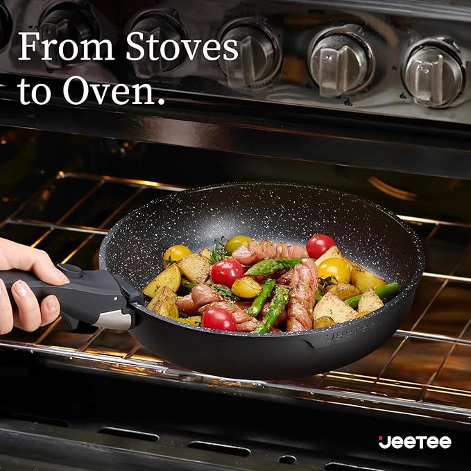 JEETEE Pots and Pans Set Non Stick 17pcs Kitchen Cookware Sets with Detachable Handle Induction Nonstick Cookware Set with Removable Handle Stackable RV Cookware Oven Safe PFAS/PFOA Free Black