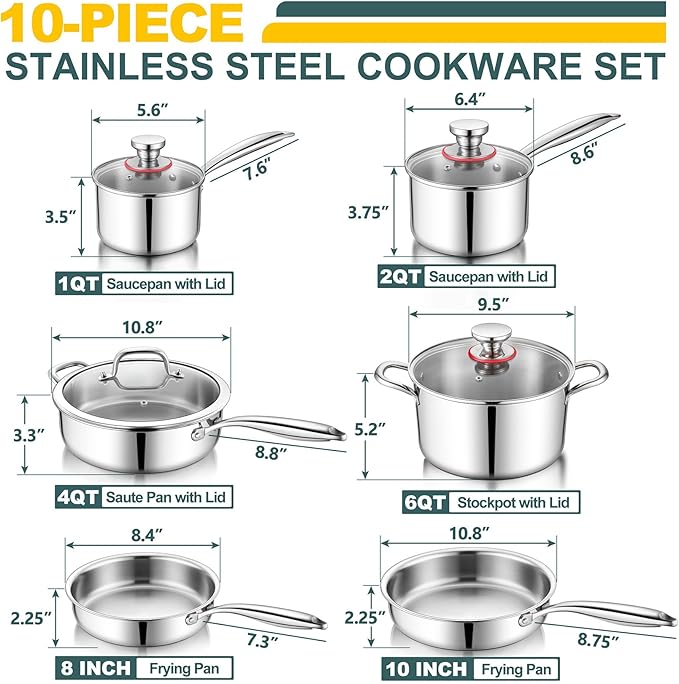 P&ampP CHEF 3-Ply Stainless Steel Cookware Set of 6 10-Pieces Pots and Pans Sets Stainless Steel for Kitchen Induction Multi Cooktops &amp Oven Dishwasher Safe Frying Pans Saucepans Saute Pan