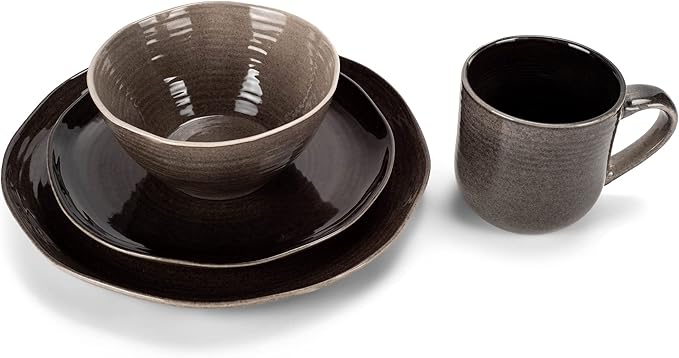 Elanze Designs Reactive Glaze Farmhouse Rustic Boho Ceramic Stoneware Dinnerware 16 Piece Plate Bowl Mug Dish Set - Service for 4 Mocha Grey Ombre