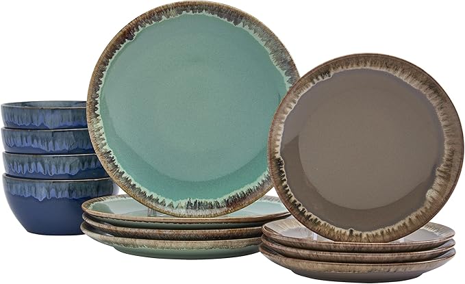 Tabletops Gallery Tuscan Reactive Glaze Stoneware- Dining Entertainment Plate Bowl Ceramic 12 Piece Tuscan Dinnerware Set (Blue Green and Brown)