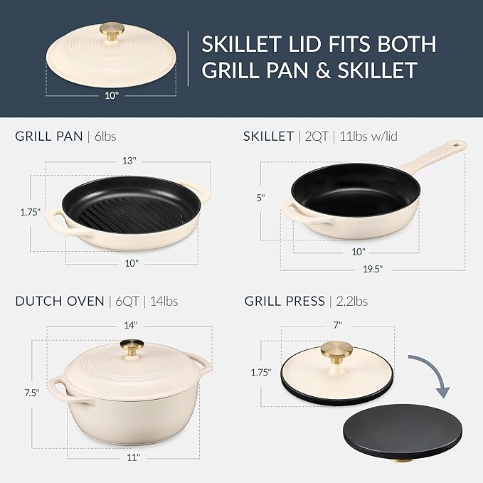Best Choice Products Non-Stick Pot &amp Pan Cookware Set Cast Iron 2Qt Skillet W/Lid 10 Grill Or Griddle Pan W/Press 6Qt Enameled Dutch Oven Non-toxic For Cooking &amp Grilling - Vanilla