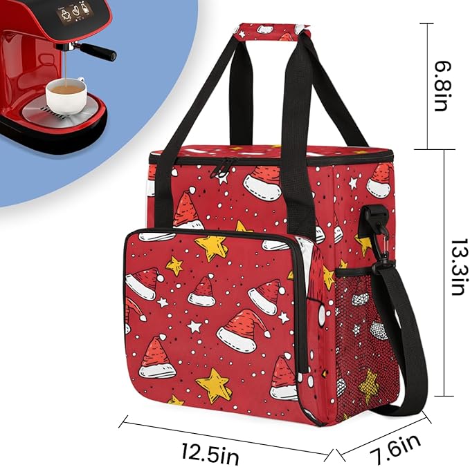 Christmas Hat Coffee Maker Carrying Bag Xmas Hat Travel Storage Bag Compatible with K-Mini or K-Mini Plus Single Serve Coffee Brewer Carrying Case with Multiple Pockets &amp Shoulder Strap