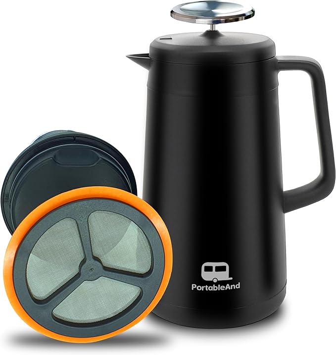 PortableAnd 34oz Double Vacuum Insulation Large Silicone French Press Coffee Maker with Silicone Ring Stainless Steel Perfect for Camping Travel and At-Home Use (Matte Black)