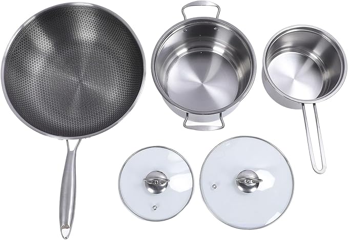 Stainless Steel Pots Pans Set Durable Lightweight Nonstick Kitchen Cookware Set for Home Cooking Family Dinners Stainless Steel 5 Piece