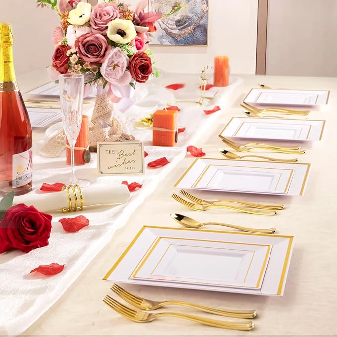 WDF 125pcs Gold Plastic Plates Set - Fall Plastic Plates Gold Rimmed Dinner &amp Salad Plate Silverware (25 Forks Knives Spoons) for Wedding Baby Shower Spring Birthday
