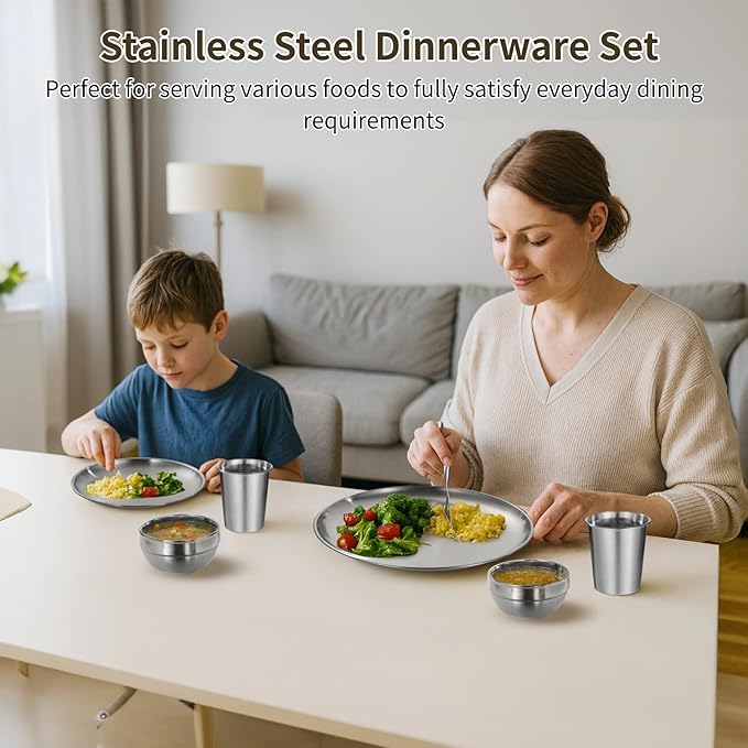 24 PCS Stainless Steel Dinnerware Set Includes 12PCS 6.7 &amp 10.2 in Plates 6 Pieces Bowls and 6 Pieces Cups 304 Reusable Camping Mess Kits for Home Kitchen Dorm and Outdoor Picnic (Silver)