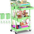 Goovilla 3 Tier Rolling Utility Cart Organizer with Removable Drawer Stable and Sturdy Green Rolling Storage Carts with 2 Lockable Wheels for Bathroom Kitchen Snack Craft Makeup Baby Essentials