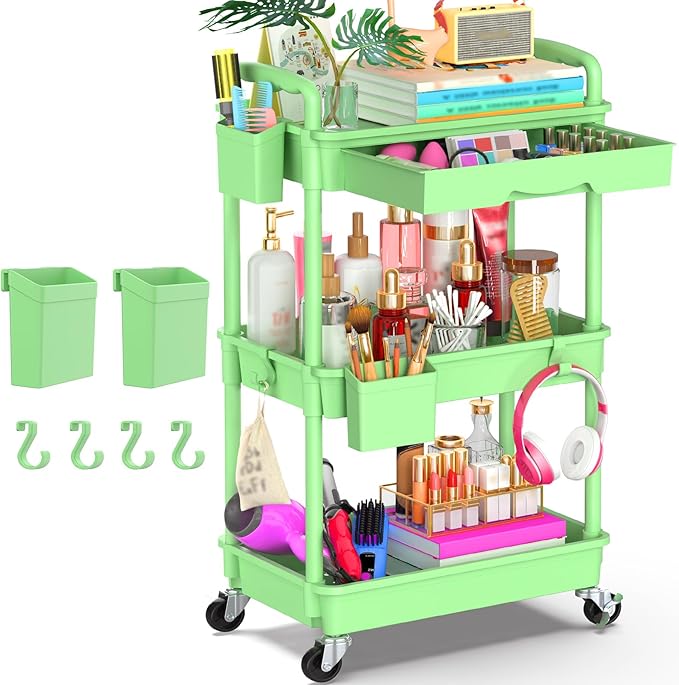 Goovilla 3 Tier Rolling Utility Cart Organizer with Removable Drawer Stable and Sturdy Green Rolling Storage Carts with 2 Lockable Wheels for Bathroom Kitchen Snack Craft Makeup Baby Essentials