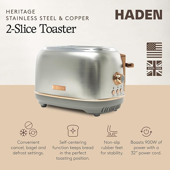 Haden Heritage 2 Slice Wide Slot Stainless Steel Toaster with Adjustable Browning Control &amp Non-Slip Feet Steel &amp Copper