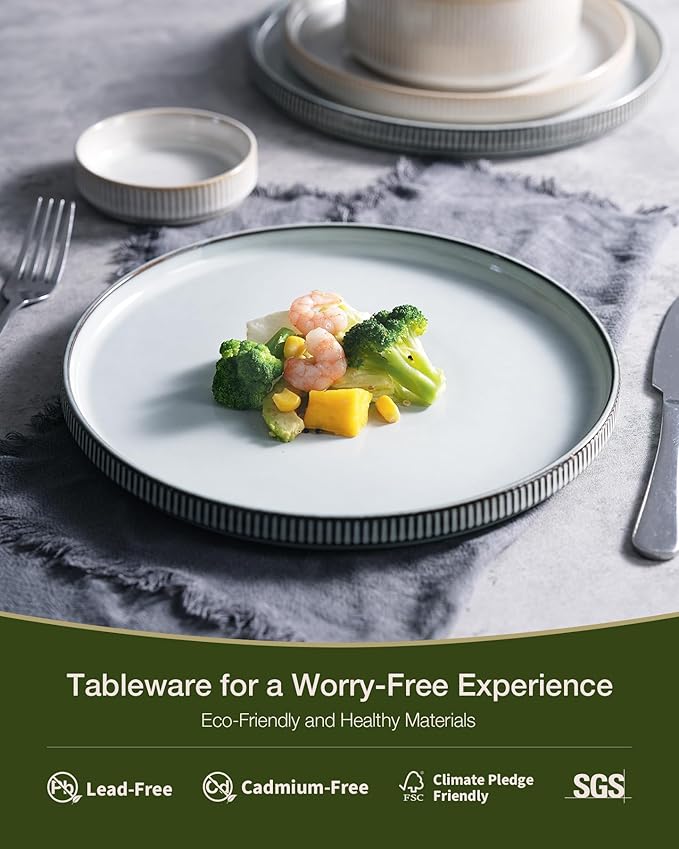 famiware Star Dinnerware Set Plates and Bowls Sets for 4 (12pcs) Ribbed Stoneware Dishes - Chip &amp Scratch Resistant Microwave &amp Dishwasher Safe Multicolor - Cappuccino White &amp Smoky Bl