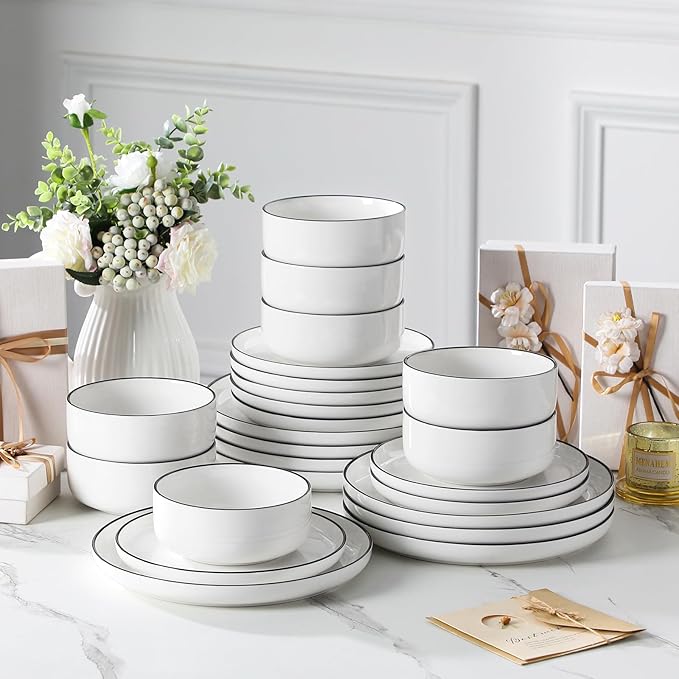 MALACASA Plates and Bowls Sets 24 Pieces Modern Porcelain Dinnerware Set for 8 White Kitchen Dinner Dining Ware Set wtih Black Rim Ceramic Dishware Dishes Microwave and Dishwasher Safe Series LUNA