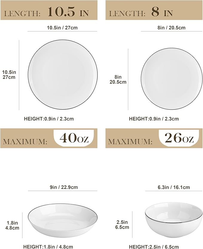 MALACASA 24-Piece Gourmet Porcelain Dinnerware Sets Modern White with Black Rim Round Dish Set for 6 - Premium Serving Plates and Bowls Sets for Dessert Salad Soup Pasta - Series AMELIA