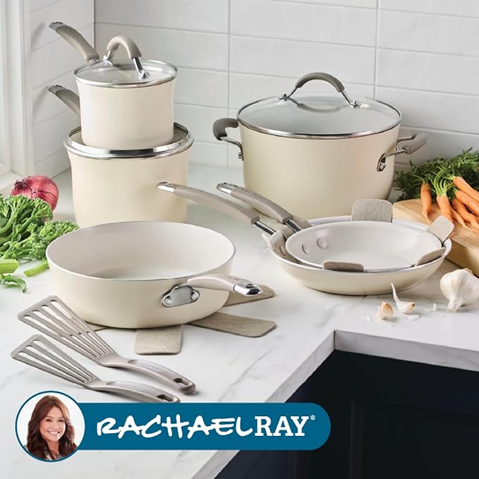 Rachael Ray Cucina Ceramic Cookware Set - 13 Pieces - Ceramic Pots and Pans Set w/Nonstick Frying Pans Saute Pan Saucepans Stockpot Lids Pan Protectors &amp Cooking Utensils - Almond