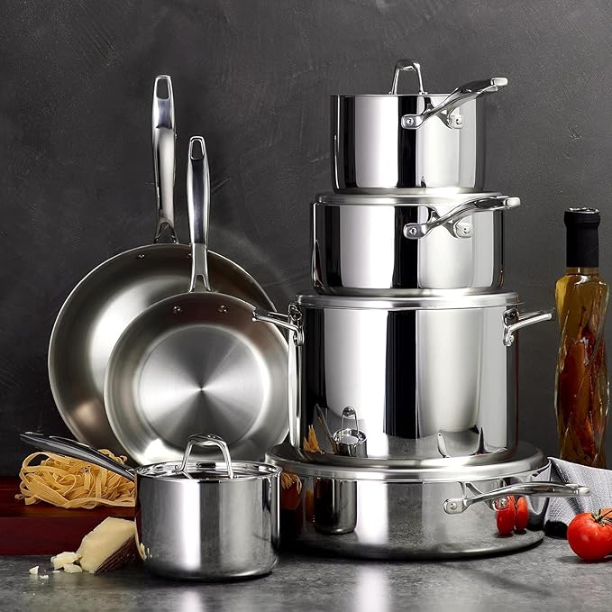 Trammantina Tri-Ply Clad Stainless Steel 12-Piece Cookware Set with Lids Pots and Pans Kitchen Set Induction-Ready Dishwasher-Safe NSF-Certified
