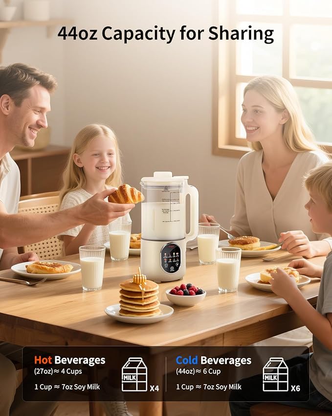 44oz Homemade Nut Milk Maker Machine Soy Milk Maker Homemade Almond Oat Juice Coconut for Plant-Based Drinks with Self Clean Boil Water Delay Start Keep Warm 12-Hour Smart Timer