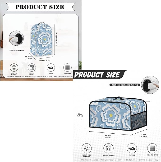 Blue Floral 2 Slice Toaster Cover Set Bread Toaster Blender and Slow Cooker Dust and Fingerprint Protection Machine Washable Kitchen Decor