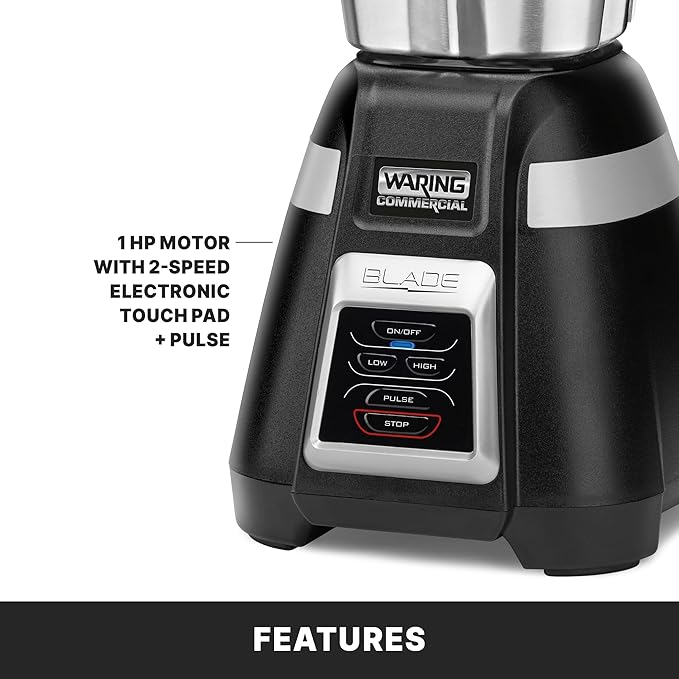 Waring Commercial BB320S Blade 1 HP Blender Touchpad Controls with 48 oz Stainless Steel Container 120V 5-15 Phase Plug Black