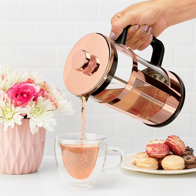 Pinky Up Piper Tea Press Pot Coffee Maker French Press for Loose Leaf Tea and Coffee Hot or Iced Beverage Brewer 34 oz Rose Gold